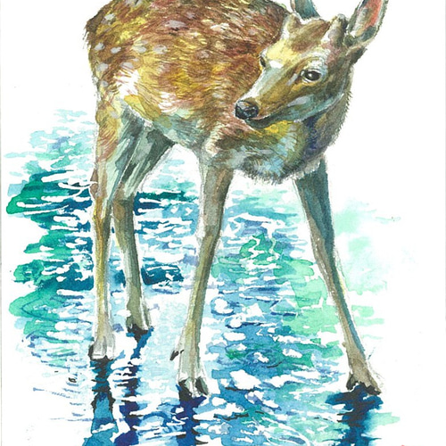 水彩画「鹿」 鹿が水彩画を描く。鹿の美しい鹿の絵と色のしぶき、青と緑の背景