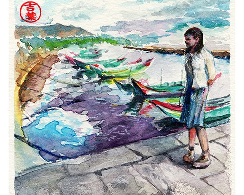 ☆岸 葉子☆「 帆船 」水彩画　色紙　未使用！ ☆岸 葉子☆「 帆船 」水彩画 色紙 未使用！