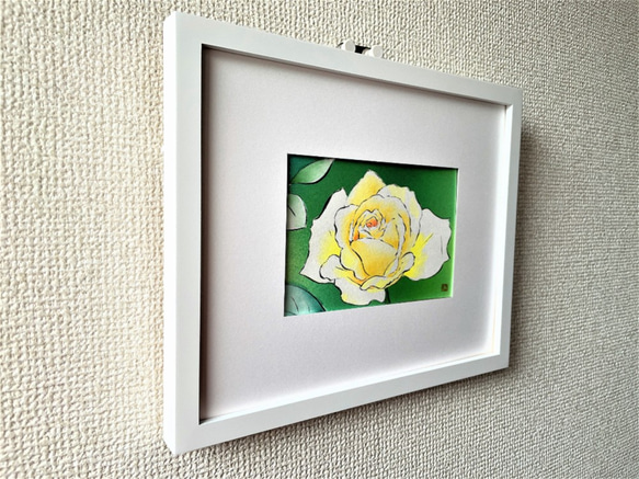 額付き【原画】「黄色いバラ（薔薇）」　花の絵　インテリア　絵画　アート 2枚目の画像