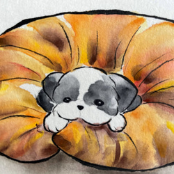 【原画】「シーズーとクロワッサン風クッション」　犬の絵　インテリア　絵画　アート 2枚目の画像