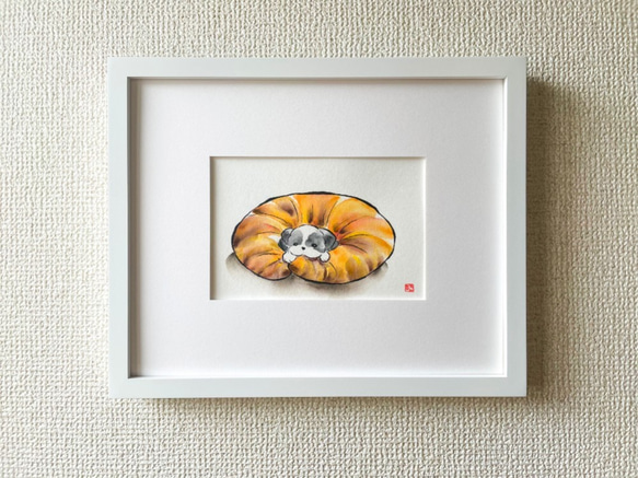 【原画】「シーズーとクロワッサン風クッション」　犬の絵　インテリア　絵画　アート 4枚目の画像
