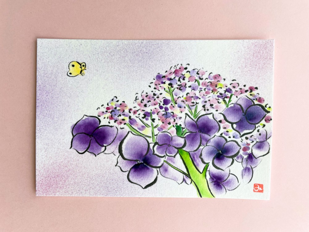容音　水彩画　エナガとガク紫陽花　値段は600円です 容音 水彩画 エナガとガク紫陽花 値段は600円です 容音様専用