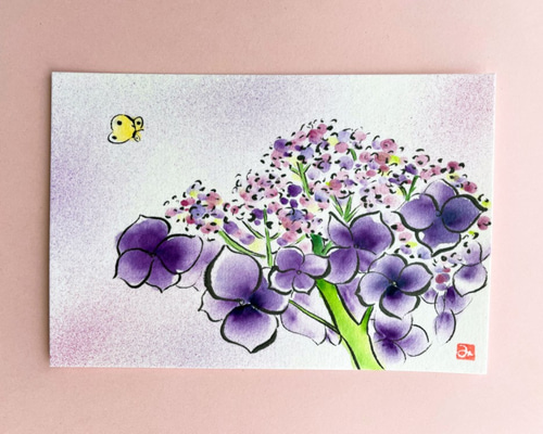 容音　水彩画　エナガとガク紫陽花　値段は600円です 透明水彩画「ガクアジサイ」3枚セット イラスト ポストカード