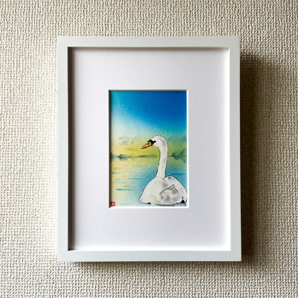 額付き【原画】「夕暮れの白鳥」 動物の絵 インテリア 絵画