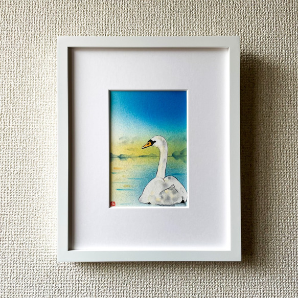 額付き【原画】「夕暮れの白鳥」 動物の絵 インテリア 絵画