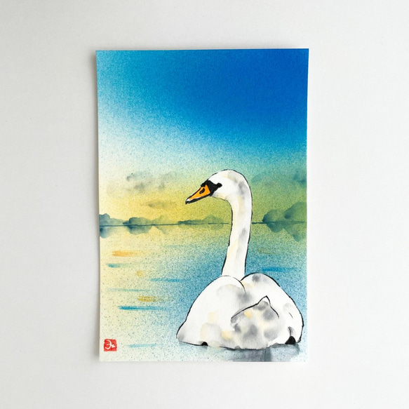 【原画】「夕暮れの白鳥」　動物の絵　インテリア　絵画　アート 1枚目の画像