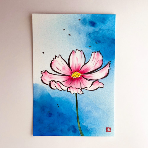 原画】「コスモス（秋桜）」 花の絵 インテリア 絵画 アート