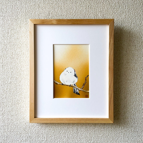 「一石二鳥」　シマエナガ　ミニ絵画　原画　油彩画　油絵 一石二鳥」 シマエナガ ミニ絵画 原画 油彩画 油絵 一石二鳥