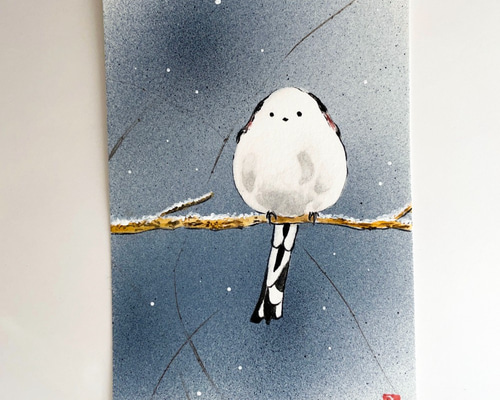 原画『舞うシマエナガ』① ミニ絵画 空色 絵画 kira 通販