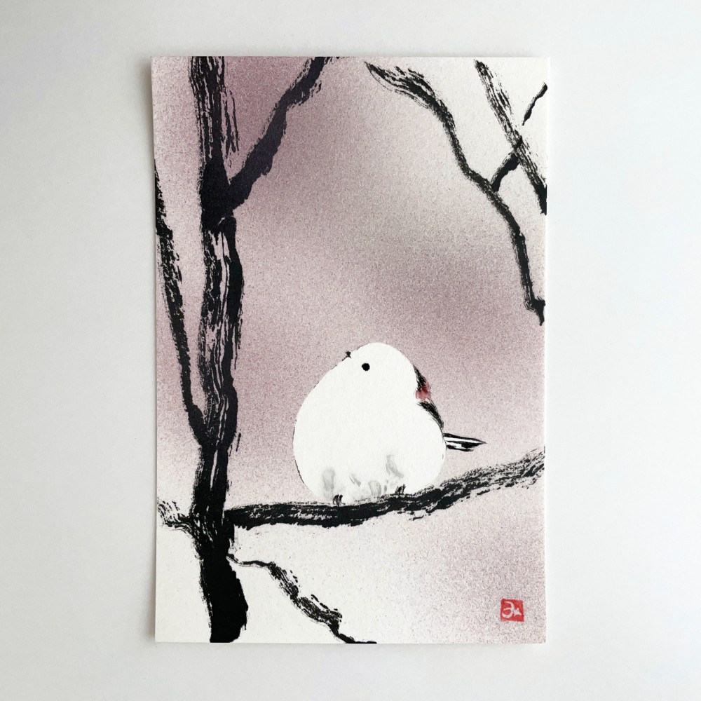 「一石二鳥」　シマエナガ　油絵　ミニ絵画　原画 シマエナガの油絵◇1点物の原画◇作者サイン入り (せなぎ) 石山