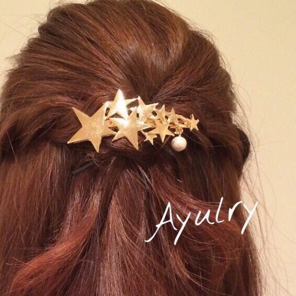 コットンパール＊星バレッタ＊流星＊流れ星＊スター＊宇宙＊バレッタ＊ヘアアクセサリー＊髪飾り＊ゴールド＊７.７cm 1枚目の画像