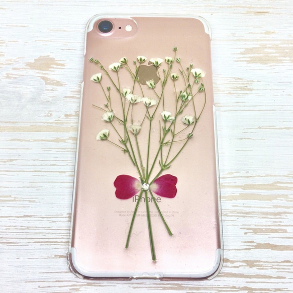【送料無料】押し花iPhoneケース＊かすみ草とバラのリボンブーケ＊綺麗で可愛い本物のお花のハンドメイドスマホケース 8枚目の画像