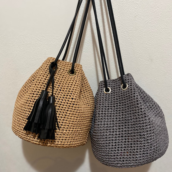 【SALE ¥11000→¥9500】カゴ巾着・ショルダー（カラー：カフェオレ） 6枚目の画像