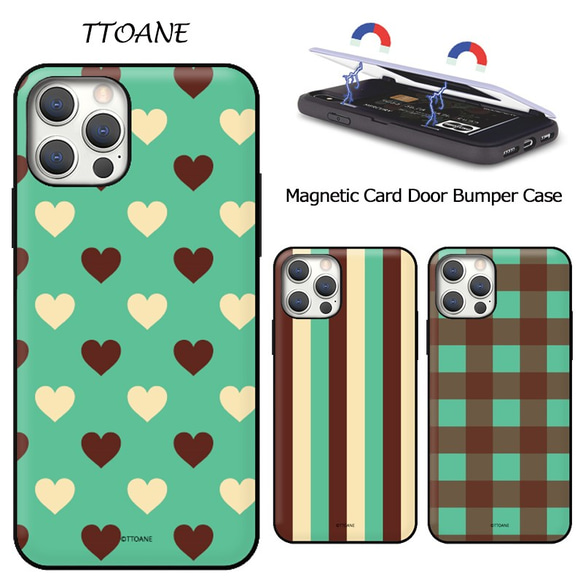 チョコミント☆マグネット カード収納 スマホケース ★iPhone15追加★iPhone/Galaxy 携帯カバー 韓国 1枚目の画像