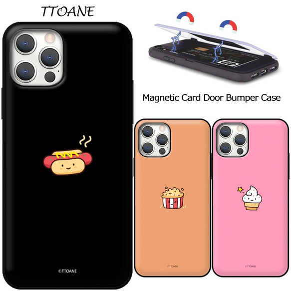 フードアイコン☆マグネット カード収納 スマホケース ★iPhone15追加★iPhone/Galaxy カバー 韓国 1枚目の画像