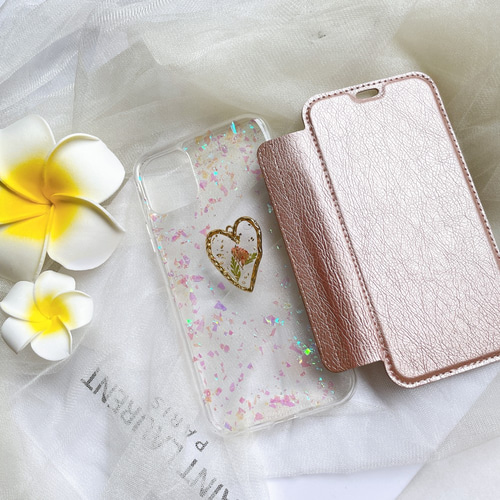 手帳型】押し花 スマホケース Galaxy iPhoneクリア手帳型ケース iPhone 