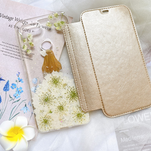 手帳型】押し花 スマホケース Galaxy iPhoneクリア手帳型ケース iPhone 
