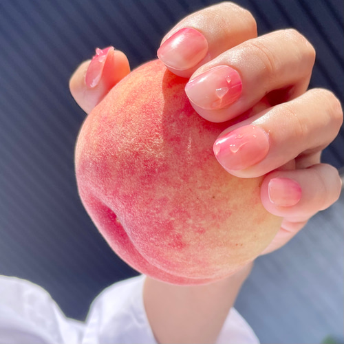 ネイルチップ 韓国ワンホン マーブル水彩 桃ピーチ キラキラピンク