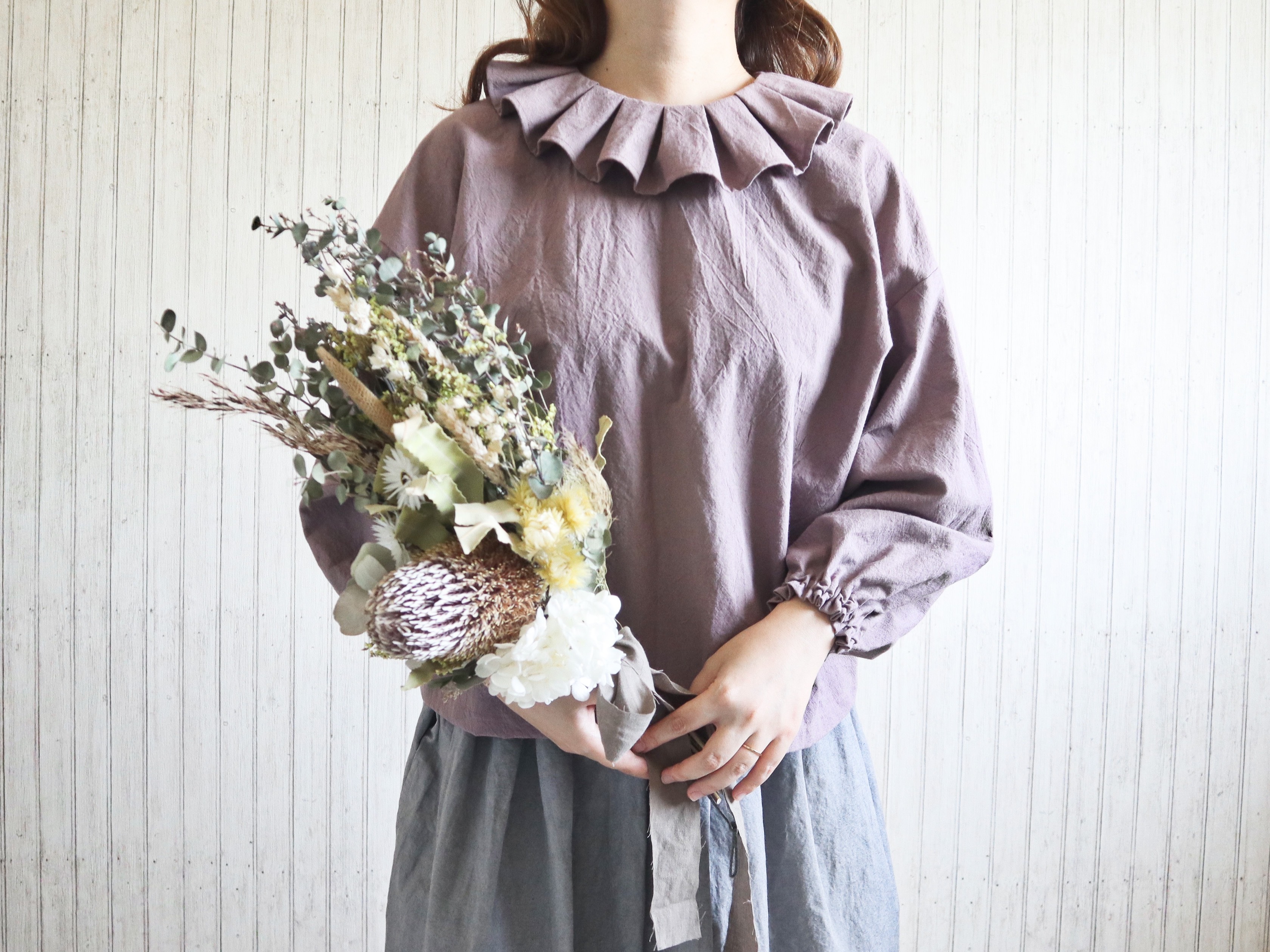 【受注製作】タックカラーブラウス(ドライローズ)｜低身長さんのためのナチュラル服ELLIE(エリー)