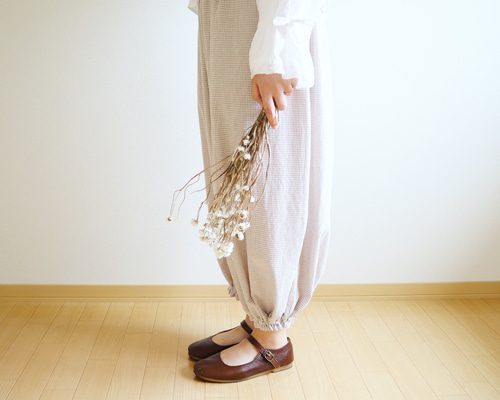 受注製作】ギンガムチェックドロワーズパンツ(ベージュ)｜低身長さんの