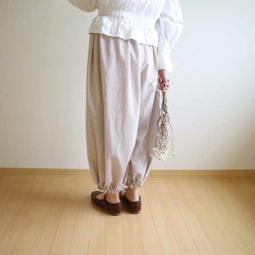 受注製作】ギンガムチェックドロワーズパンツ(ベージュ)｜低身長さんの