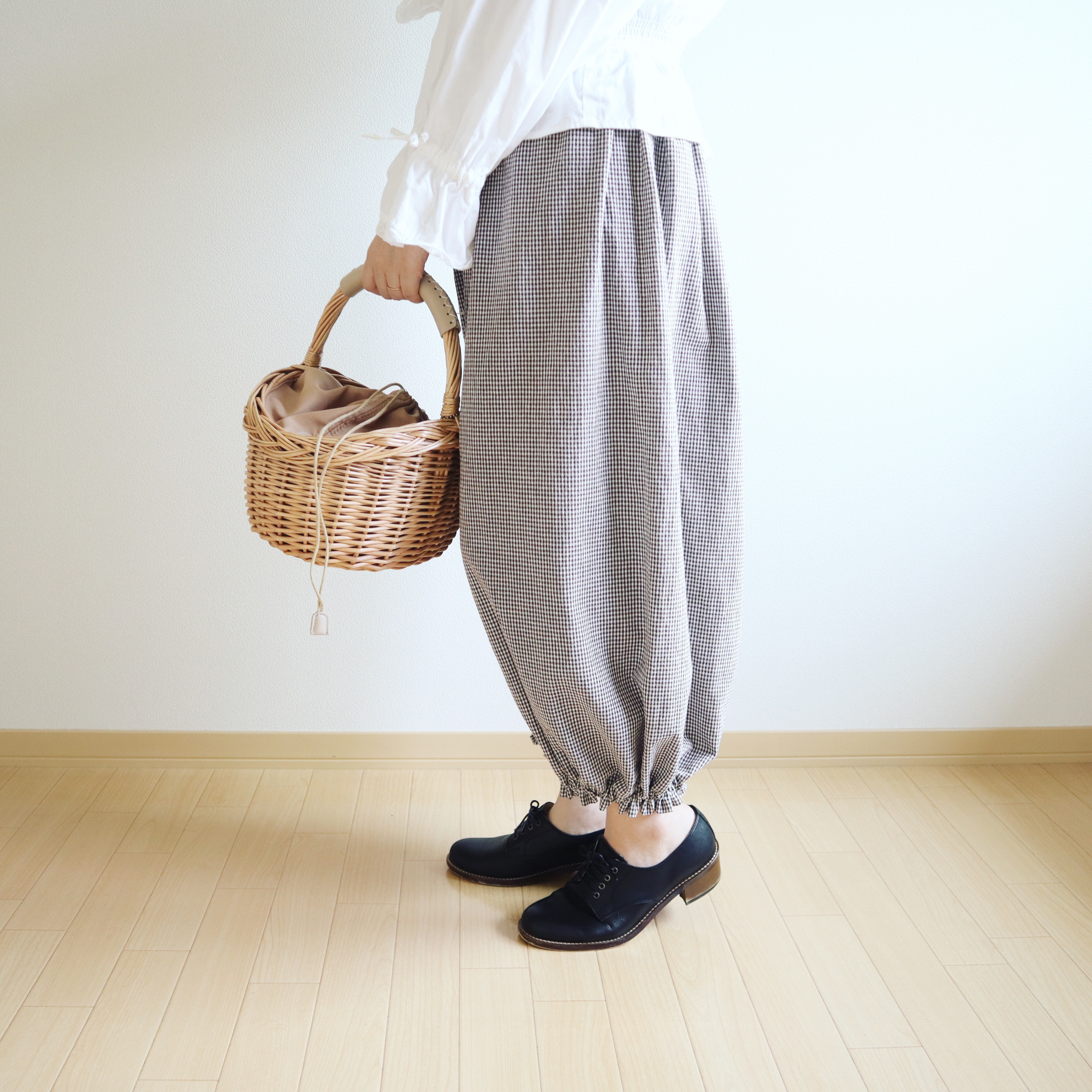 【受注製作】ギンガムチェックドロワーズパンツ(ブラウン)｜低身長さんのためのナチュラル服ELLIE(エリー)