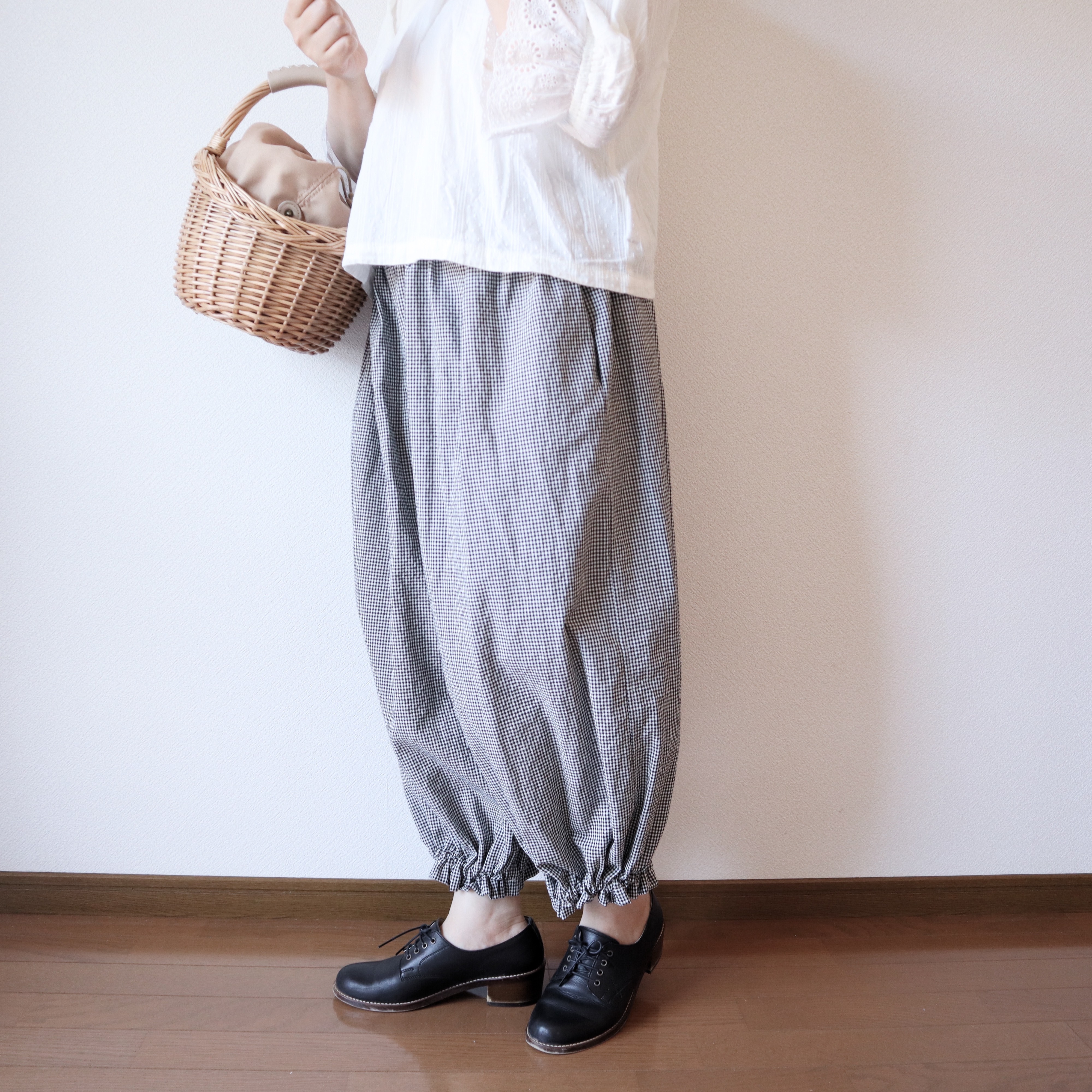 【受注製作】ギンガムチェックドロワーズパンツ(ブラック)｜低身長さんのためのナチュラル服ELLIE(エリー)