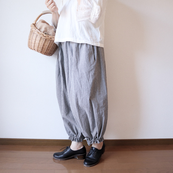 ELLIE ギンガムチェックパンツ 受注製作】ギンガムチェックドロワーズパンツ(ブラック)｜低身長