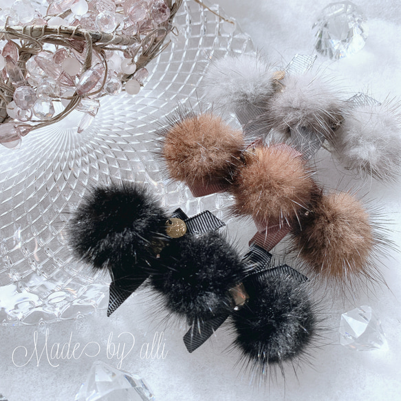 ミンクファー リボン ビジュー バレッタ ヘアアクセサリー クリスマス