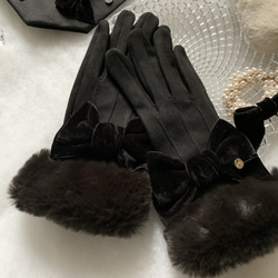 再販♡ スマホ対応　エコファー　ビッグリボン　ベロア　黒　手袋　クリスマス 2枚目の画像