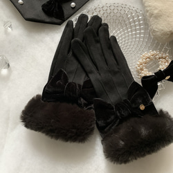 再販♡ スマホ対応　エコファー　ビッグリボン　ベロア　黒　手袋　クリスマス 3枚目の画像