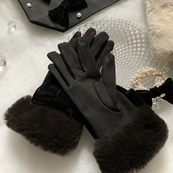 再販♡ スマホ対応　エコファー　ビッグリボン　ベロア　黒　手袋　クリスマス 5枚目の画像
