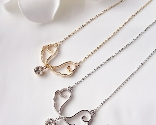 天使の羽根のラインストーンネックレス/ゴールド/シルバー