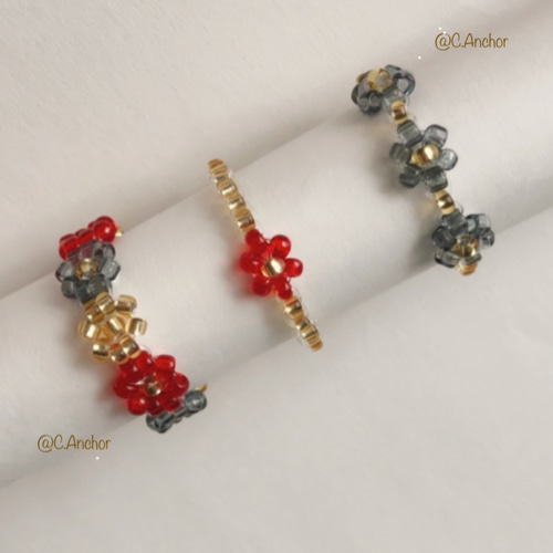 ❤️赤・黒＆ゴールド リングセット❤️ ビーズリング 비즈반지 韓国