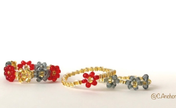 ❤️赤・黒＆ゴールド リングセット❤️ ビーズリング 비즈반지 韓国