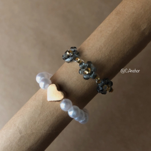 ❤️メタルハート＆パールリングセット❤️ ビーズリング 비즈반지