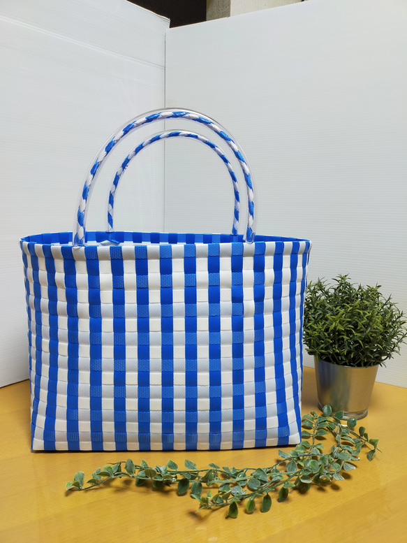 お値下げしました) PPバンドバック 大容量エコバッグ ブルーストライプ  