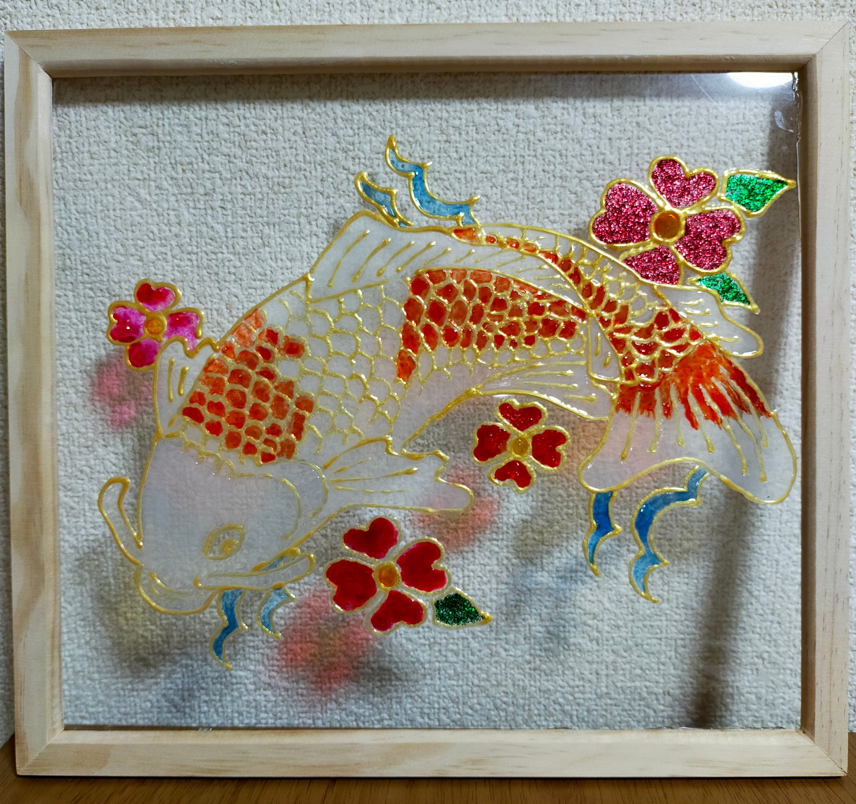 ステンドグラス製、鯉時計、工芸作品