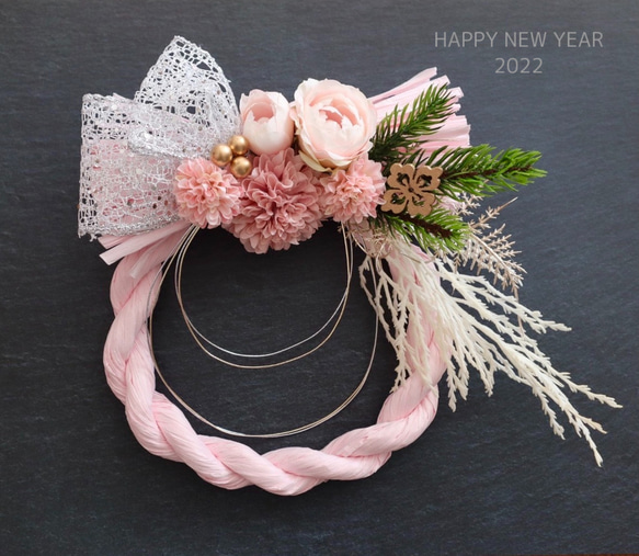 Creema限定 バラとピンポンマムのかわいい洋風お正月しめ縄飾り リース