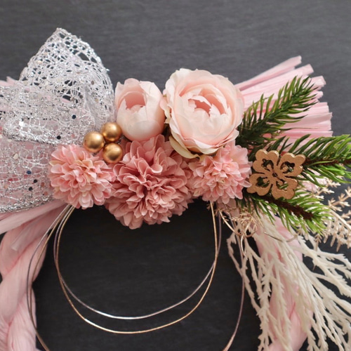 Creema限定 バラとピンポンマムのかわいい洋風お正月しめ縄飾り リース