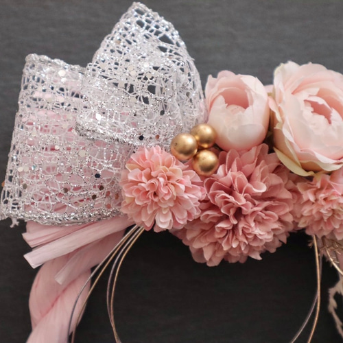 Creema限定 バラとピンポンマムのかわいい洋風お正月しめ縄飾り リース