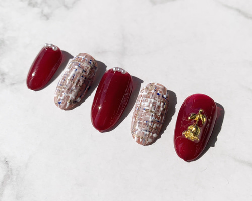 【No.031】ネイルチップ♡ニットネイル♡赤ネイル♡ツイード♡ボルドー No.031】ネイルチップ♡ニットネイル♡赤ネイル♡ツイード♡ボルドー