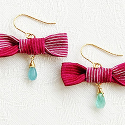 Kimono ribbon pierced earrings/Azuki×Tourmaline 1枚目の画像