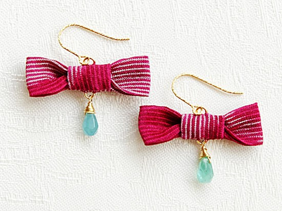 Kimono ribbon pierced earrings/Azuki×Tourmaline 1枚目の画像