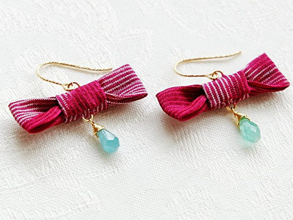 Kimono ribbon pierced earrings/Azuki×Tourmaline 2枚目の画像