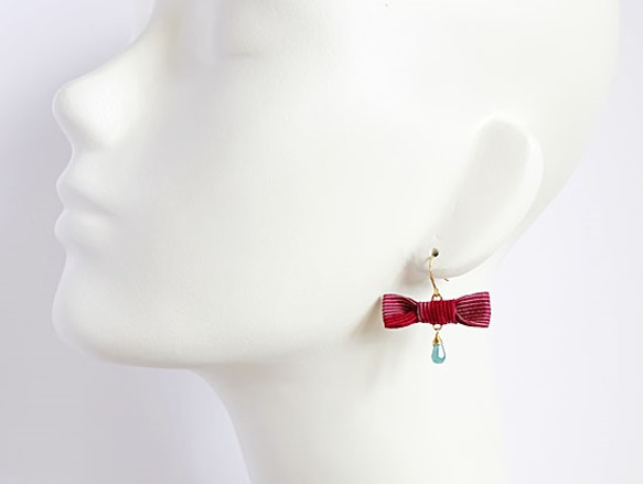Kimono ribbon pierced earrings/Azuki×Tourmaline 3枚目の画像