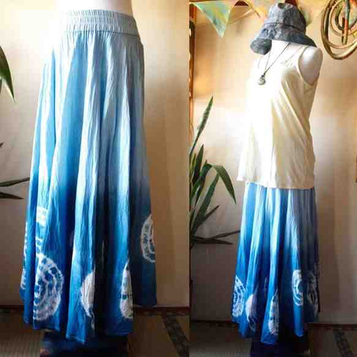藍染めふんわりグラデーションロングスカート/裾絞り染め タイト  