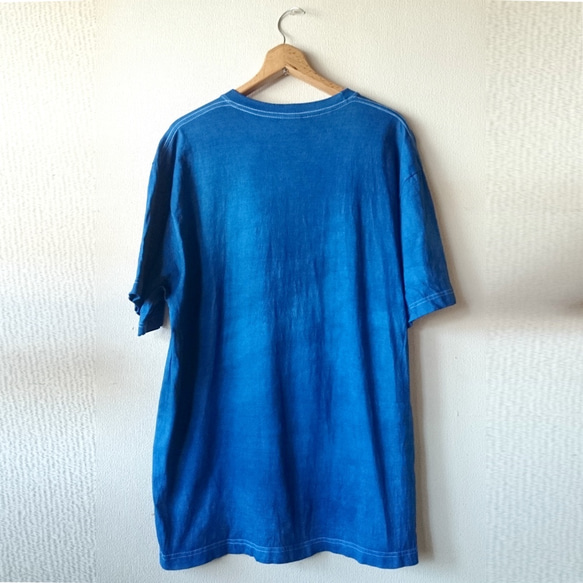 Men's XL T-shirt/藍染めと手描き麻の葉/六芒星/Tシャツ 3枚目の画像
