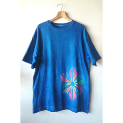 Men's XL T-shirt/藍染めと手描き麻の葉/六芒星/Tシャツ 2枚目の画像