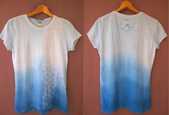 Ladies S/藍染めグラデーション麻の葉デザイン Hemp Organic Cotton T 
